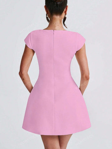 A-Line Mini Dress With Square Collar And Short Sleeves, Autumn