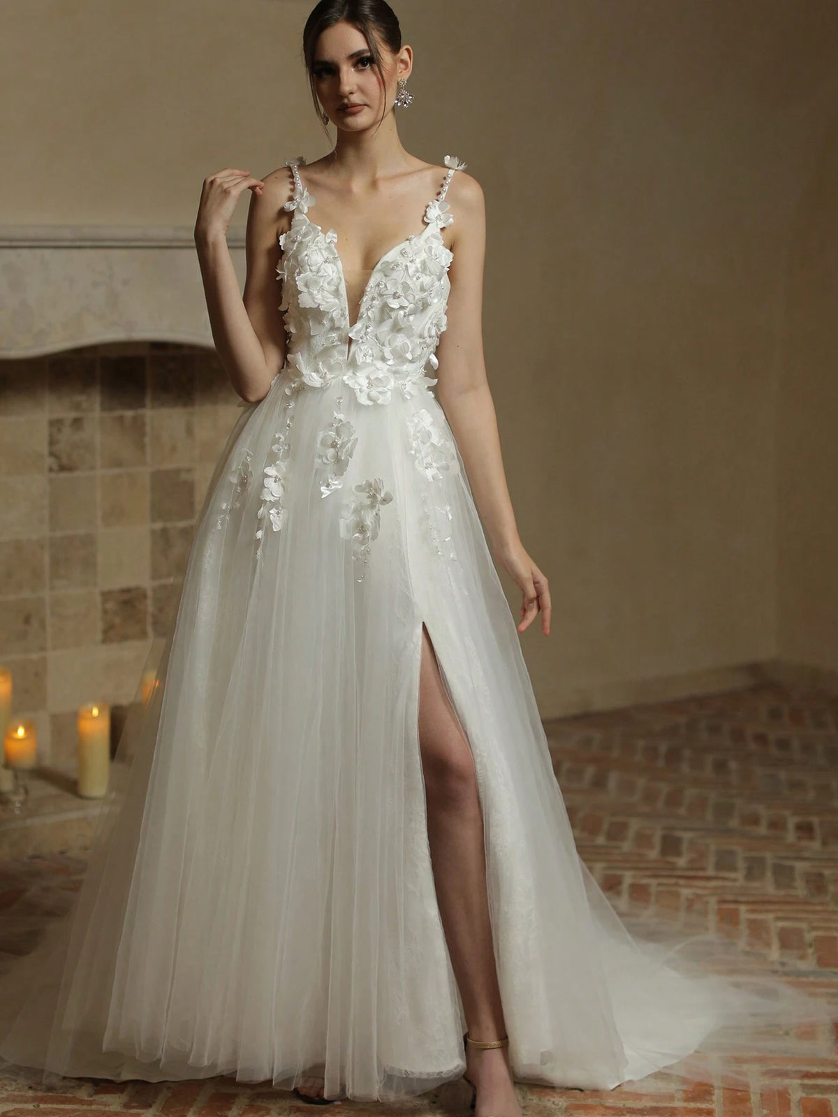 A-Line Sexy Deep V-Neck Front Split Open Back Tulle Wedding Dress