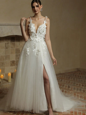 A-Line Sexy Deep V-Neck Front Split Open Back Tulle Wedding Dress