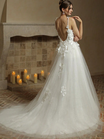 A-Line Sexy Deep V-Neck Front Split Open Back Tulle Wedding Dress