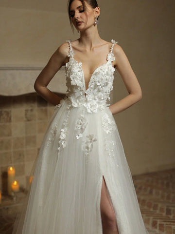 A-Line Sexy Deep V-Neck Front Split Open Back Tulle Wedding Dress