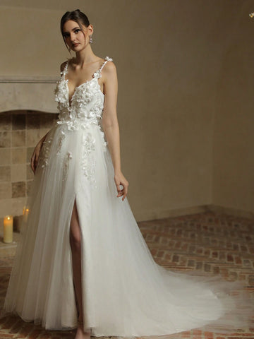 A-Line Sexy Deep V-Neck Front Split Open Back Tulle Wedding Dress