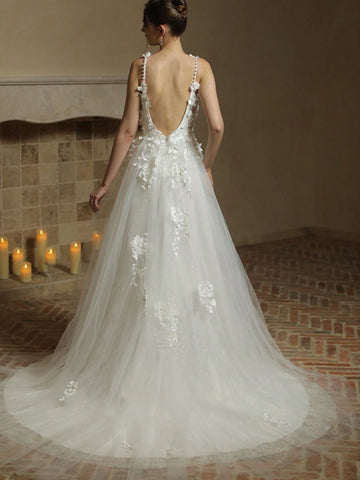 A-Line Sexy Deep V-Neck Front Split Open Back Tulle Wedding Dress