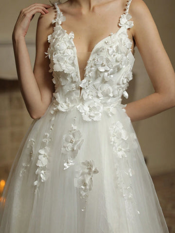 A-Line Sexy Deep V-Neck Front Split Open Back Tulle Wedding Dress