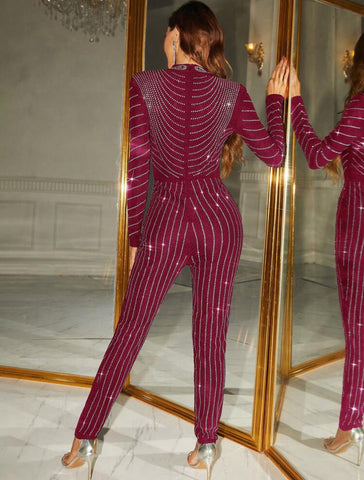 Mock Neck Rhinestone Unitard Jumpsuit