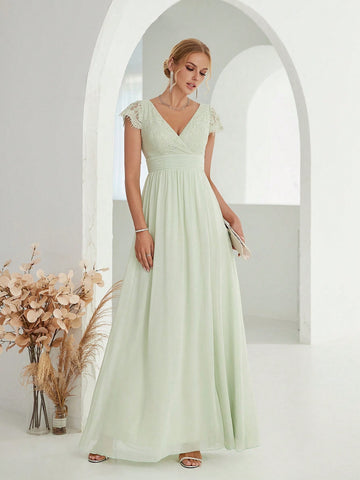 Contrast Lace Wrap Hem Chiffon Bridesmaid Dress
