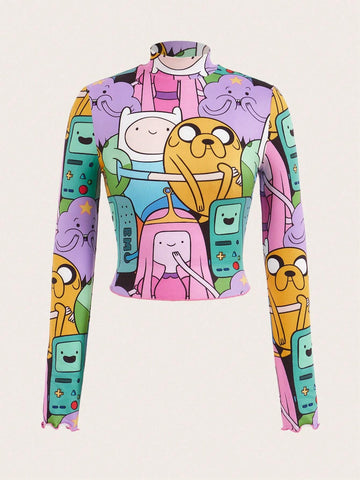 Cartoon Printed Long Sleeve Mock Neck T-Shirt