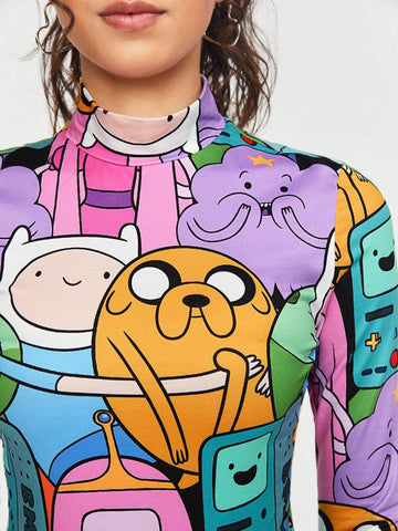 Cartoon Printed Long Sleeve Mock Neck T-Shirt