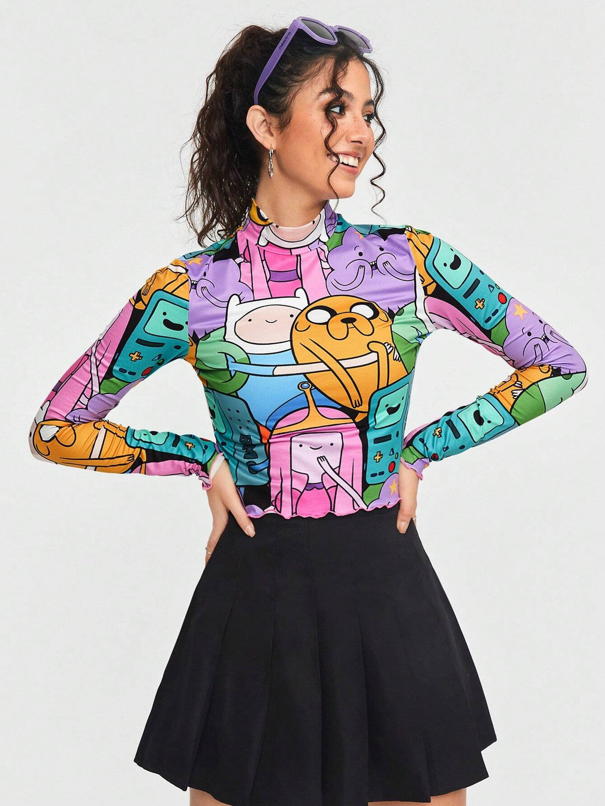 Cartoon Printed Long Sleeve Mock Neck T-Shirt