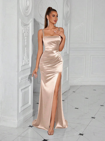 ADYCE 1pc Women's Spaghetti Strap Ruffle Front Split Backless Party Dress For Cocktail Ball