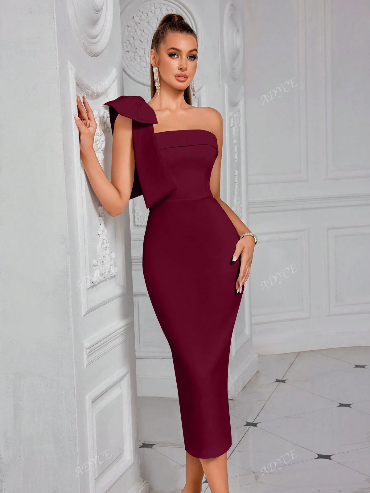 ADYCE ADYCE One Shoulder Solid Color Bowknot Decor Strapless Slit Backless Midi Cocktail Party Prom Dress