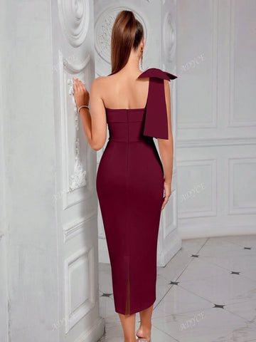 ADYCE ADYCE One Shoulder Solid Color Bowknot Decor Strapless Slit Backless Midi Cocktail Party Prom Dress