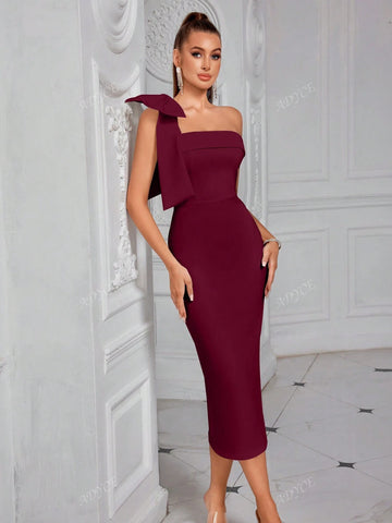 ADYCE ADYCE One Shoulder Solid Color Bowknot Decor Strapless Slit Backless Midi Cocktail Party Prom Dress
