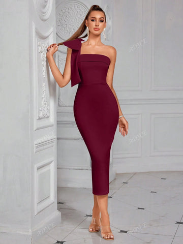 ADYCE ADYCE One Shoulder Solid Color Bowknot Decor Strapless Slit Backless Midi Cocktail Party Prom Dress