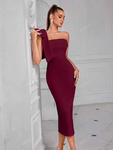 ADYCE ADYCE One Shoulder Solid Color Bowknot Decor Strapless Slit Backless Midi Cocktail Party Prom Dress