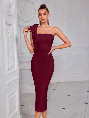 ADYCE ADYCE One Shoulder Solid Color Bowknot Decor Strapless Slit Backless Midi Cocktail Party Prom Dress