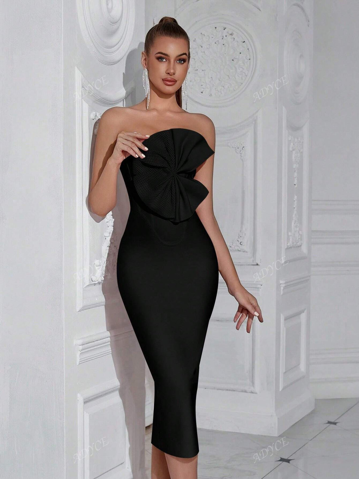 ADYCE Bandeau Cut-Out Front Ruched Bodycon Party Dress For Women