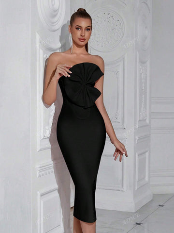 ADYCE Bandeau Cut-Out Front Ruched Bodycon Party Dress For Women