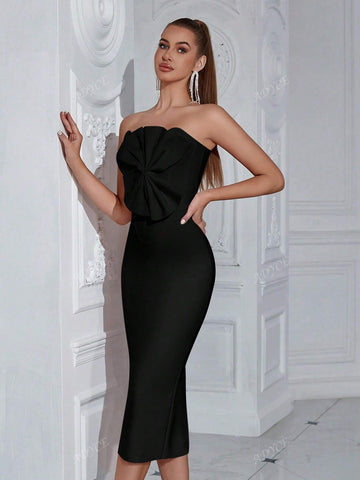 ADYCE Bandeau Cut-Out Front Ruched Bodycon Party Dress For Women