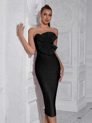 ADYCE Bandeau Cut-Out Front Ruched Bodycon Party Dress For Women