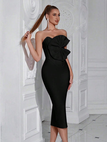 ADYCE Bandeau Cut-Out Front Ruched Bodycon Party Dress For Women