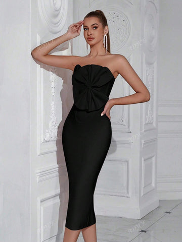 ADYCE Bandeau Cut-Out Front Ruched Bodycon Party Dress For Women