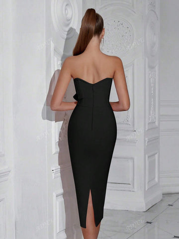 ADYCE Bandeau Cut-Out Front Ruched Bodycon Party Dress For Women