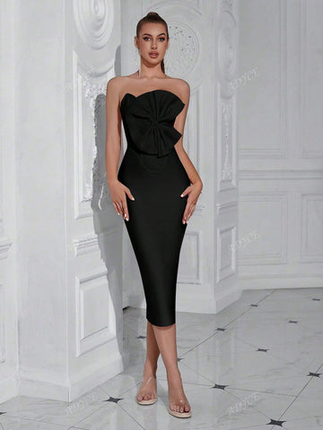 ADYCE Bandeau Cut-Out Front Ruched Bodycon Party Dress For Women