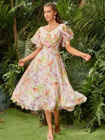 ADYCE Chiffon Print V-Neck Ruffled Sleeves High Waisted Bridesmaid Dress For Party