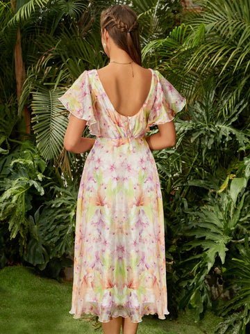 ADYCE Chiffon Print V-Neck Ruffled Sleeves High Waisted Bridesmaid Dress For Party