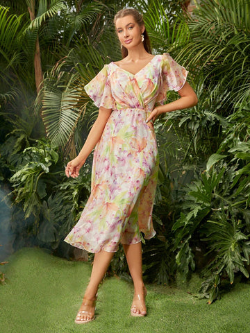 ADYCE Chiffon Print V-Neck Ruffled Sleeves High Waisted Bridesmaid Dress For Party