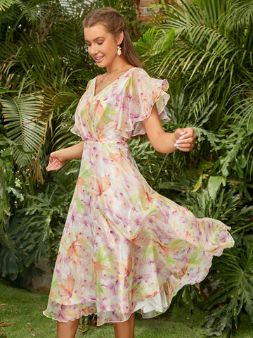 ADYCE Chiffon Print V-Neck Ruffled Sleeves High Waisted Bridesmaid Dress For Party