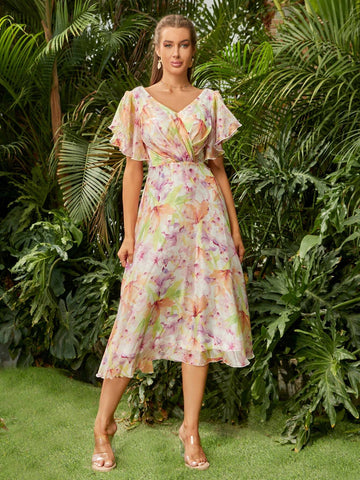 ADYCE Chiffon Print V-Neck Ruffled Sleeves High Waisted Bridesmaid Dress For Party