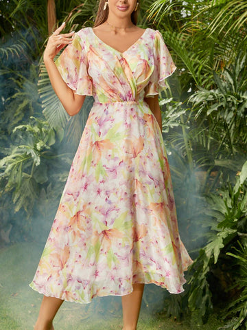 ADYCE Chiffon Print V-Neck Ruffled Sleeves High Waisted Bridesmaid Dress For Party