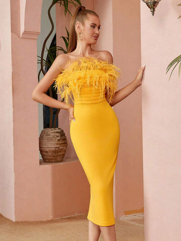 ADYCE Faux Fur Embellished Bust Backless Party Cocktail Dress