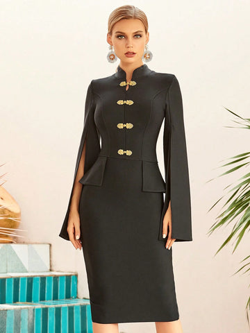 ADYCE Long Sleeve Stand Collar Bodycon Bandage Dress With Front Button Closure And Back Slit
