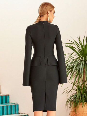 ADYCE Long Sleeve Stand Collar Bodycon Bandage Dress With Front Button Closure And Back Slit