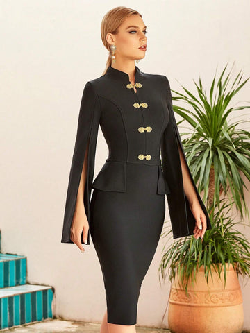 ADYCE Long Sleeve Stand Collar Bodycon Bandage Dress With Front Button Closure And Back Slit