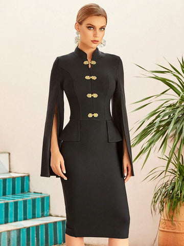 ADYCE Long Sleeve Stand Collar Bodycon Bandage Dress With Front Button Closure And Back Slit