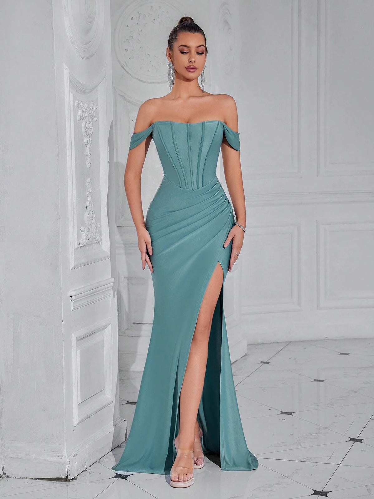 ADYCE Off-Shoulder Fishbone Pleated High Slit Party Dress