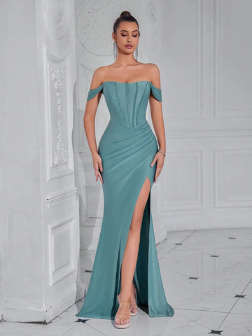 ADYCE Off-Shoulder Fishbone Pleated High Slit Party Dress