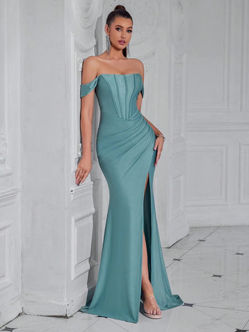 ADYCE Off-Shoulder Fishbone Pleated High Slit Party Dress