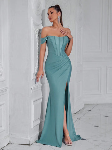 ADYCE Off-Shoulder Fishbone Pleated High Slit Party Dress