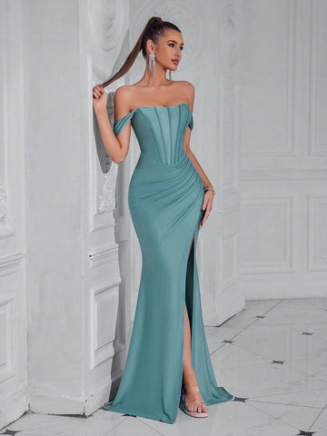 ADYCE Off-Shoulder Fishbone Pleated High Slit Party Dress