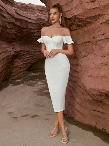 ADYCE Off-Shoulder Sweetheart Neckline Bodycon Midi Dress With High Slit, Back Zipper And Waistband For Cocktail Party Wedding Guests