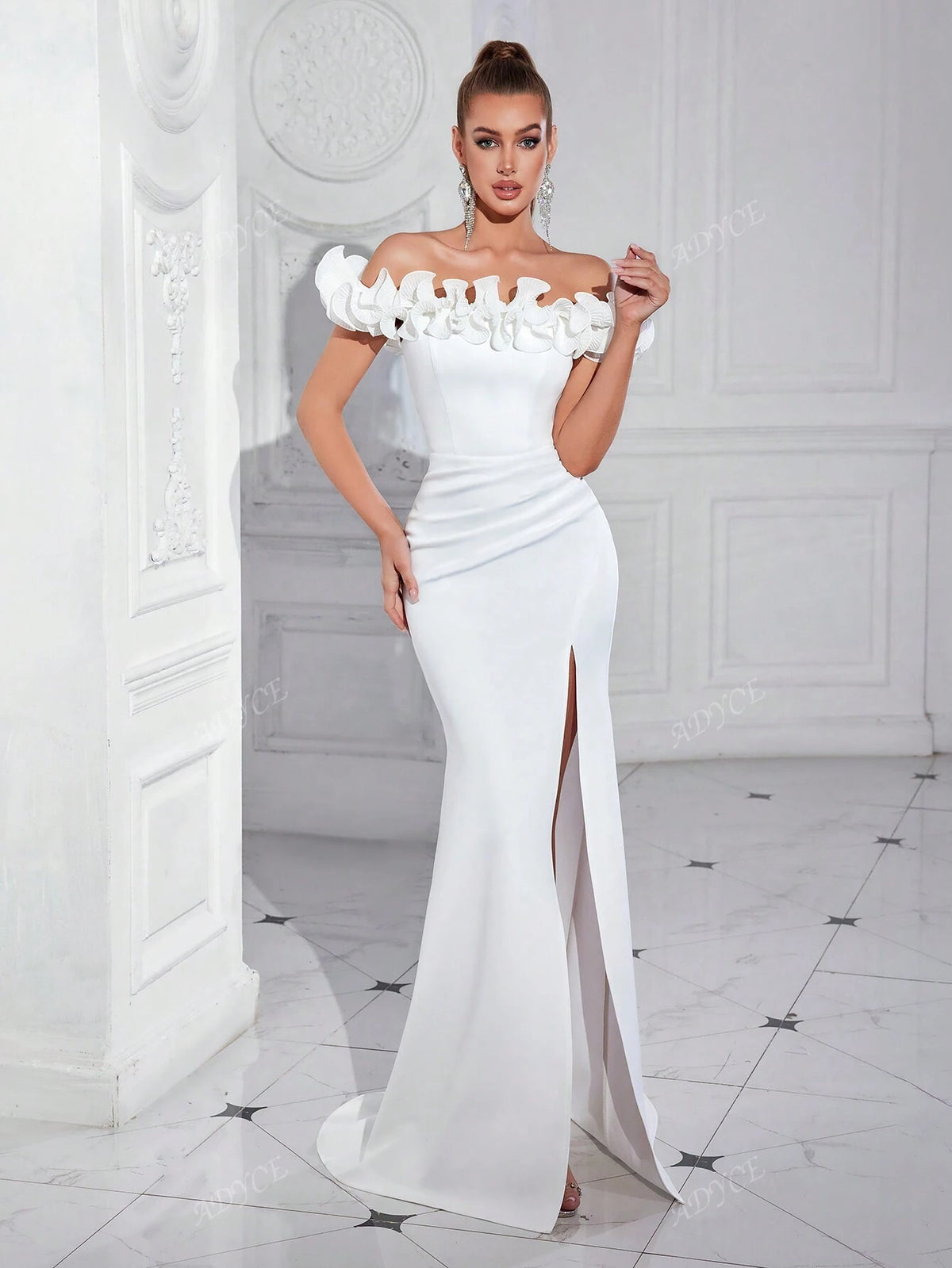 ADYCE Off Shoulder High Waist Slit Back Ruffle Decor Maxi Formal Party Dress For Women