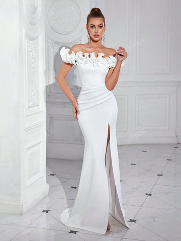 ADYCE Off Shoulder High Waist Slit Back Ruffle Decor Maxi Formal Party Dress For Women