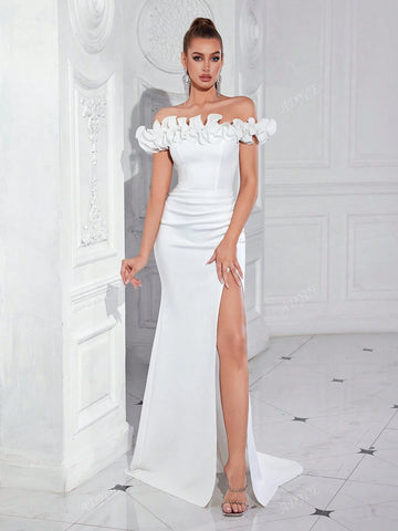 ADYCE Off Shoulder High Waist Slit Back Ruffle Decor Maxi Formal Party Dress For Women