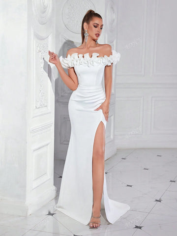 ADYCE Off Shoulder High Waist Slit Back Ruffle Decor Maxi Formal Party Dress For Women