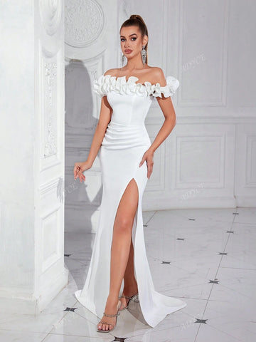ADYCE Off Shoulder High Waist Slit Back Ruffle Decor Maxi Formal Party Dress For Women